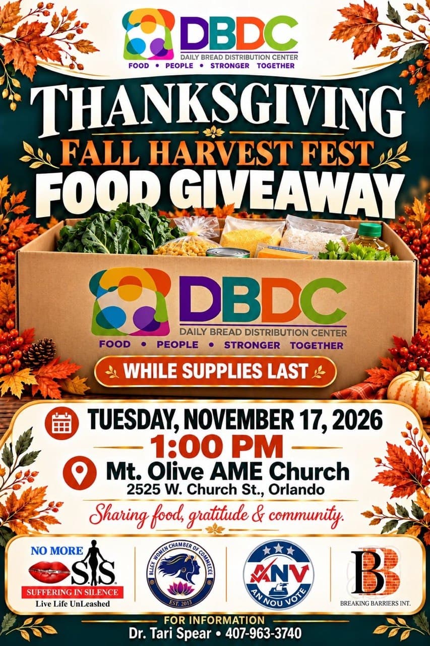 Flyer for the DBDC Thanksgiving Fall Harvest Fest Food Giveaway on Tuesday, November 17, 2026 at 1 PM at Mt. Olive AME Church, 2525 W. Church St, Orlando